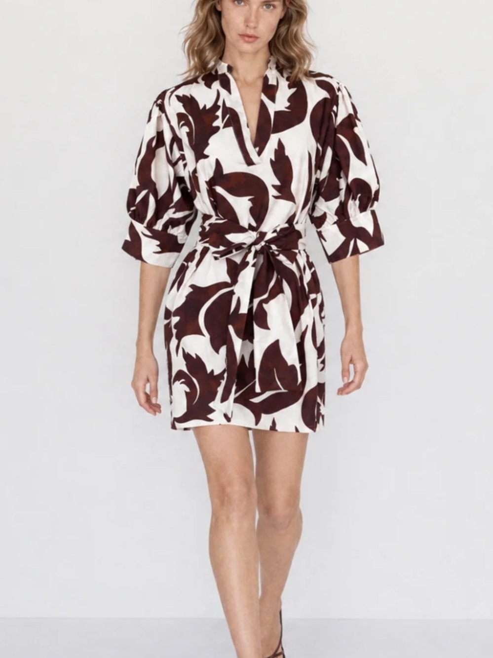 Long sleeve wrap White Mini Dress with Dark Brown Floral leaf 🍂 Print